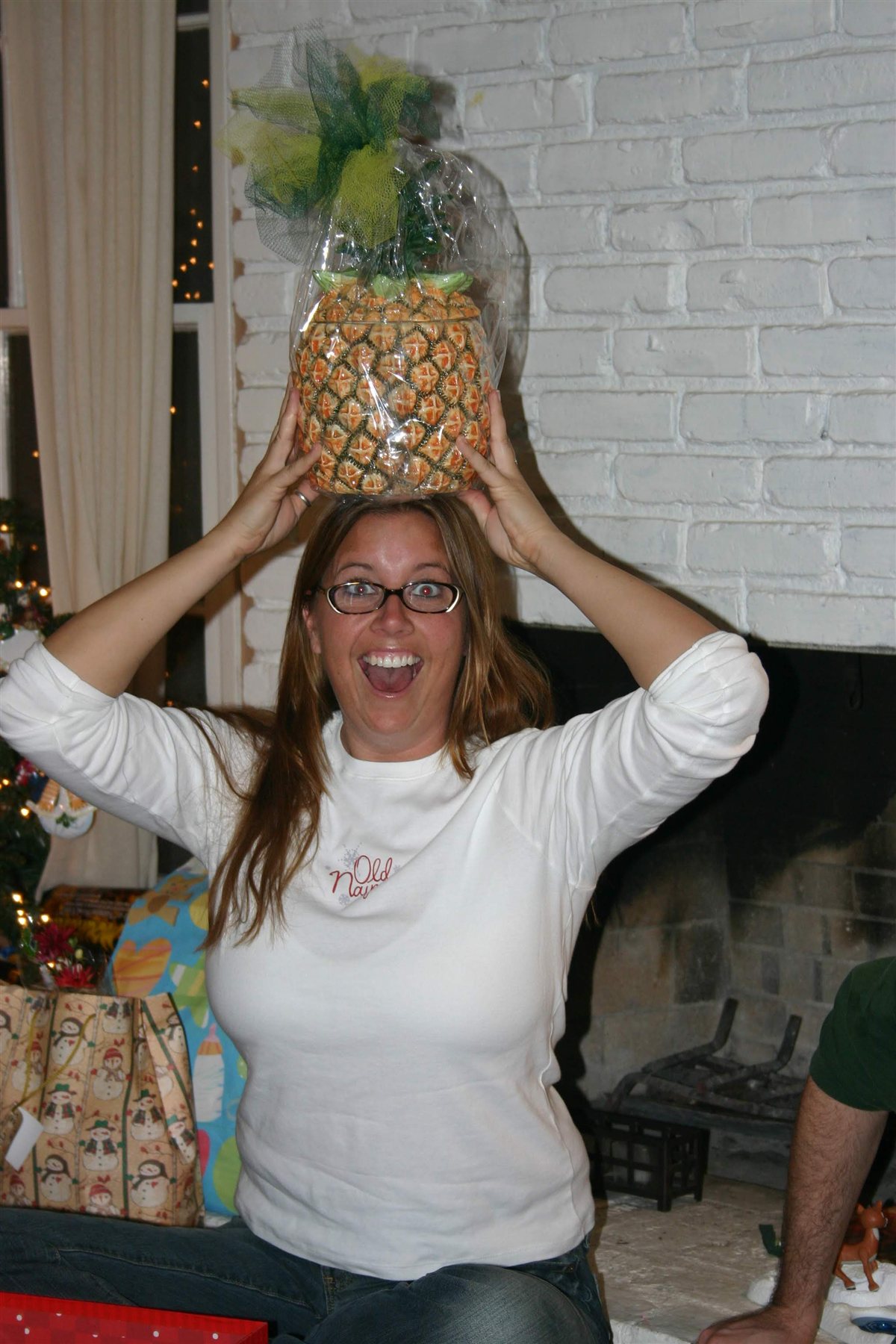 Mary with pineapple on head